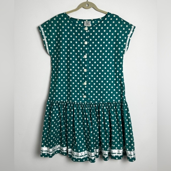 Vintage 1980s Laura Ashley Green White Polka Dot Retro 1920s Style Dress Size 10 - Picture 2 of 12
